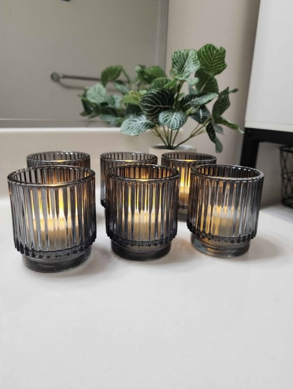 Ribbed Glass Candle Holder Set - 6 Smoke Gray Tealight Holders for Home